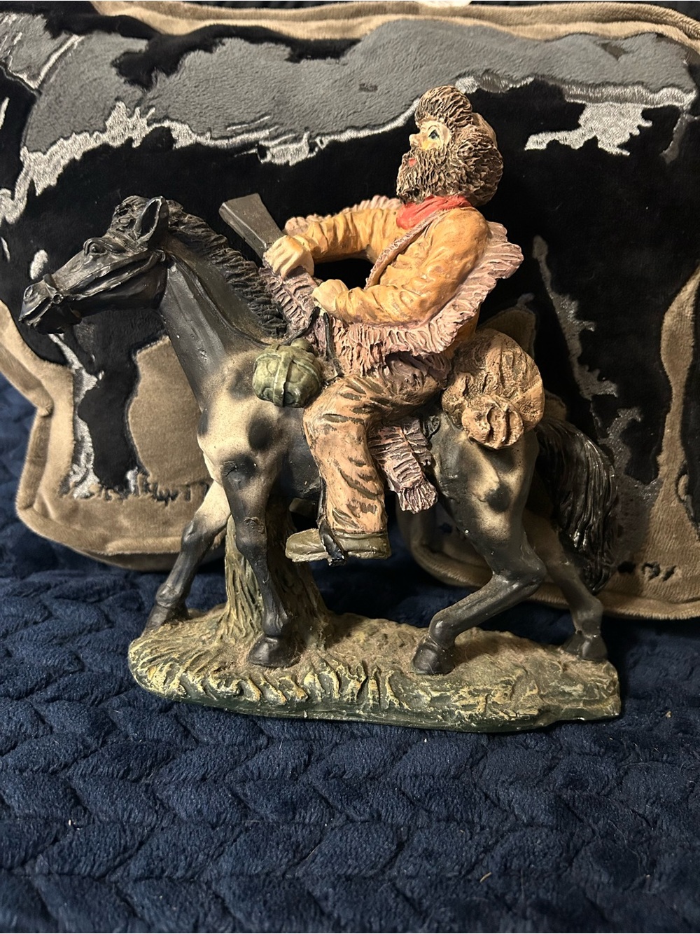 Hand-Painted Cowboy Rider Statue - Black Horse with Brown & Tan Rider